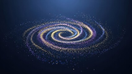 Vibrant swirling particle spiral in dark blue background with glowing light