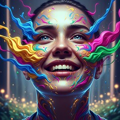 Surreal portrait expressing joy through colorful textures and flowing motion, cinematic light, modern fantasy style
