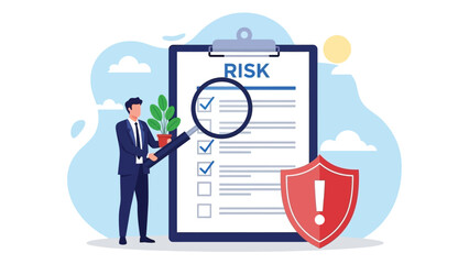 Business Risk Analysis With Clipboard, Magnifier, And Shield, Highlighting Proactive Safety Measures