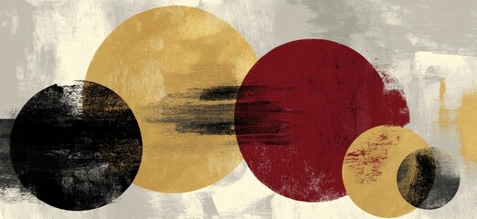 Abstract circles overlapping a textured gold black red composition. Abstract composition featuring overlapping circular forms of varying sizes and colors on a textured background