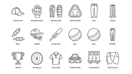 Collection of Sports Icons and Equipment Outlined in Black and White