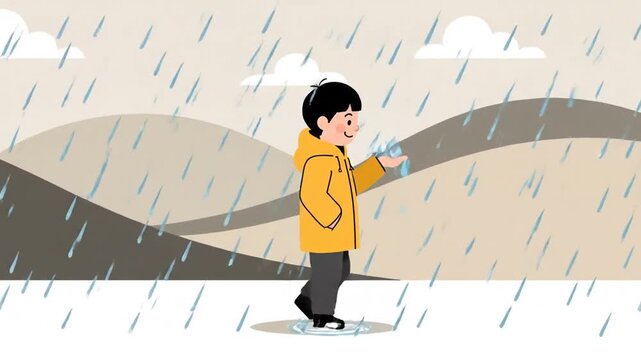 Animated Character Walking In The Rain Cartoon Style, A Child Exploring Nature's Elements