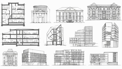 Collection of architectural building sketches and blueprints. © fusa