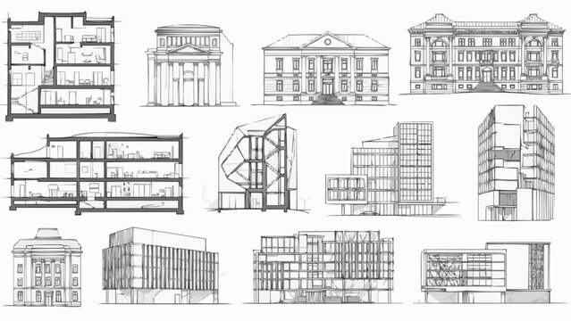 Collection of architectural building sketches and blueprints.