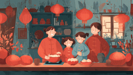 Chinese family preparing dumplings under red lanterns celebrating Lunar New Year 2026 warm festive vector illustration