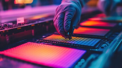 Semiconductor Wafer Handling: Gloved Hand Precisely Placing Microchip Under Neon Lighting
