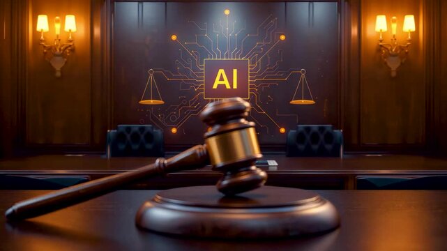 Dramatic courtroom scene with wooden gavel on table in front of glowing AI artificial intelligence text on dark wall with scales of justice