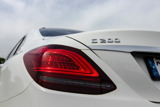 May 6, 2021, Seoul, South Korea - Rear view of a white Mercedes-Benz C200 car with illuminated taillight