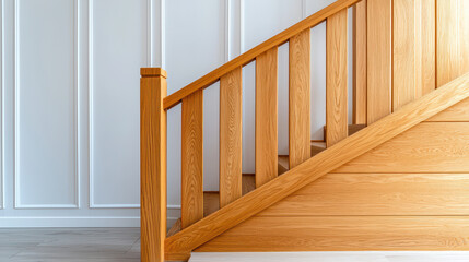 Naklejka premium Wooden staircase with minimalist design features natural finish and clean lines, creating warm and inviting atmosphere