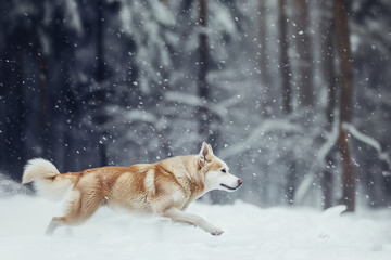 Side-profile view of a dog running through fresh snow, positioned on the left side of the frame with wide negative space ahead, capturing motion, freedom, and winter energy in wild lands