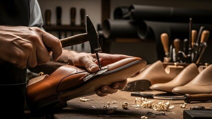 Close-up of a shoemaker's hands using a hammer and nails to craft a handmade leather dress shoe, traditional cobbler workshop and bespoke footwear concept.