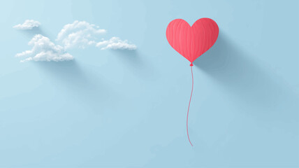 Minimal heart-shaped balloon floating in blue sky, romantic Valentine&rsquo;s Day background with copy space for modern design