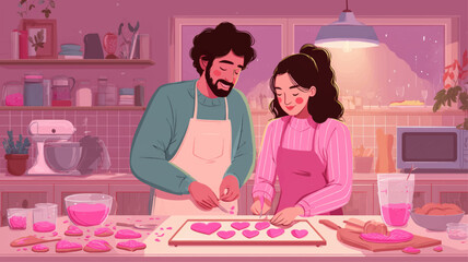 Romantic couple baking heart-shaped cookies together in cozy kitchen, Valentine&rsquo;s Day love illustration for warm lifestyle storytelling