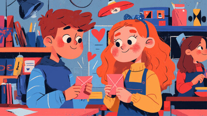 Happy children exchanging paper hearts in classroom, playful Valentine&rsquo;s Day illustration celebrating friendship, kindness, and childhood emotions