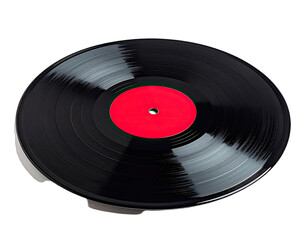 A close-up studio shot of a vinyl record with a red center label, angled against a black background