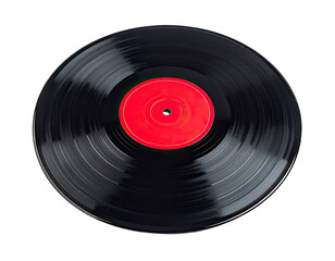 Close-up of a glossy black vinyl record with red label, against black background