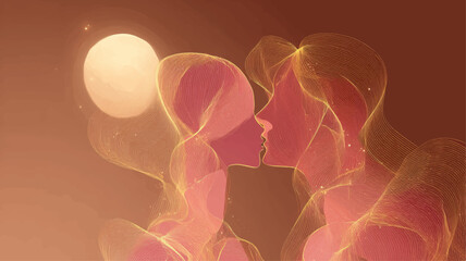 Abstract romantic couple formed by flowing shapes and warm tones, artistic Valentine&rsquo;s Day illustration expressing emotional connection and intimacy