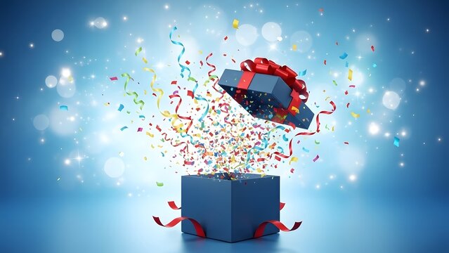 A blue gift box with a red ribbon exploding with colorful confetti and sparkles