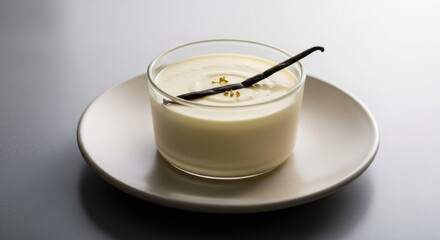 Creamy dessert served in a glass ramekin garnished with a whole vanilla bean sits on a light plate