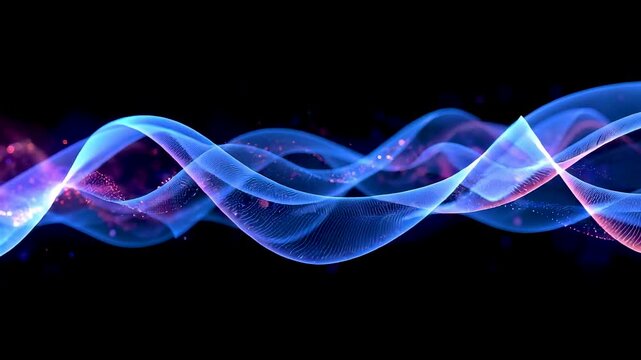 Flowing blue pink purple energy waves swirling smoothly in elegant sinusoidal motion on black background