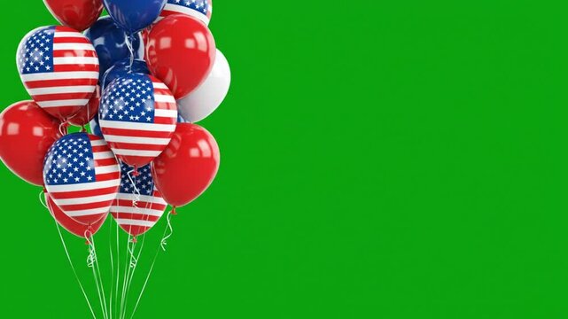 American Flag Helium Balloons Floating on Green Screen Background Patriotic Independence Celebration Party Promo Isolated Cinematic Video Footage 4K
