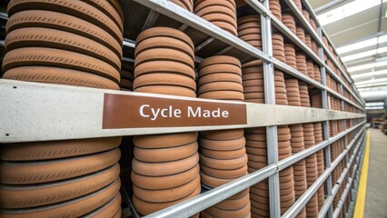 Stacked clay loops labeled Cycle Made in storage shelves