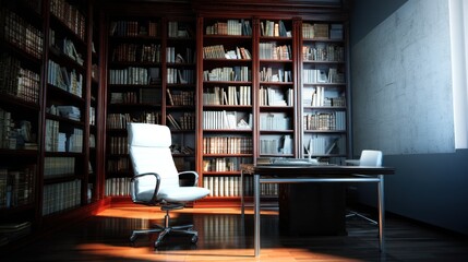 A cozy, wooden-paneled study bathed in sunlight, filled with bookshelves and a modern desk