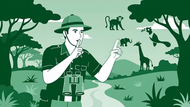 Animated Cartoon Guide Spotting Wildlife On Safari Adventure, Promoting Nature Conservation And