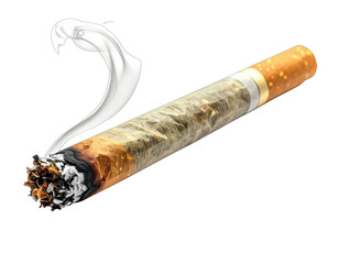Close-up of a lit cigarette with rising smoke against a dark background, showing ash