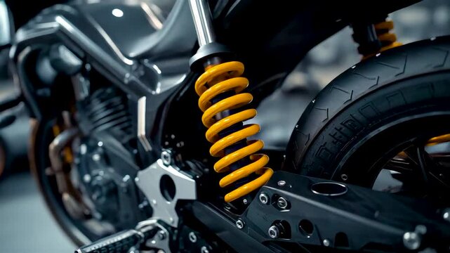 Detailed motorcycle rear suspension with bright yellow coilover shock absorber and rugged tire tread
