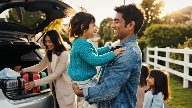 Happy Family Preparing for Road Trip Loading Car Trunk with Luggage Enjoying Quality Time Together Outdoor Travel Lifestyle Cinematic Video Footage 4K