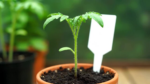 Tomato seedling with healthy growth mood developing in small pot beside blank plant label against soft green garden background