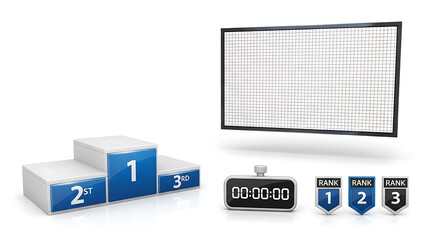 Digital sports arena control board with a winner's podium, timer, and rank indicators for a championship event. Clean 3D graphic style.