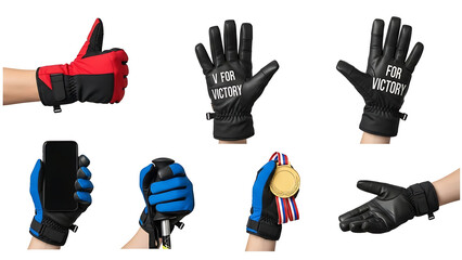 A versatile lexicon of victory gestures featuring black and blue winter athletic gloves holding a medal and smartphone. Studio photography style.