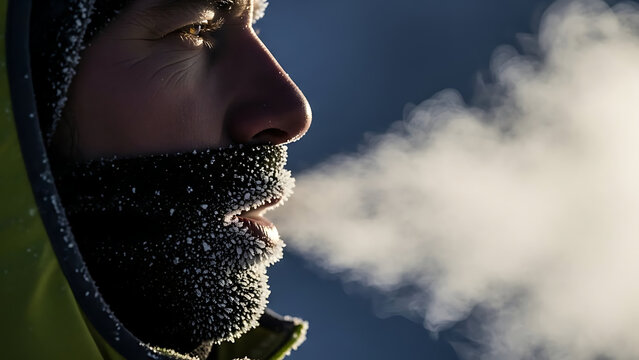 Crystalline frost armor on a black knitted balaclava as a winter hiker exhales a thick cloud of steam into the sub-zero air. Macro photography style.