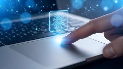 A hand interacting with a laptop touchpad and holographic digital interface