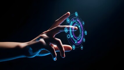 A hand interacting with a futuristic glowing circular data interface