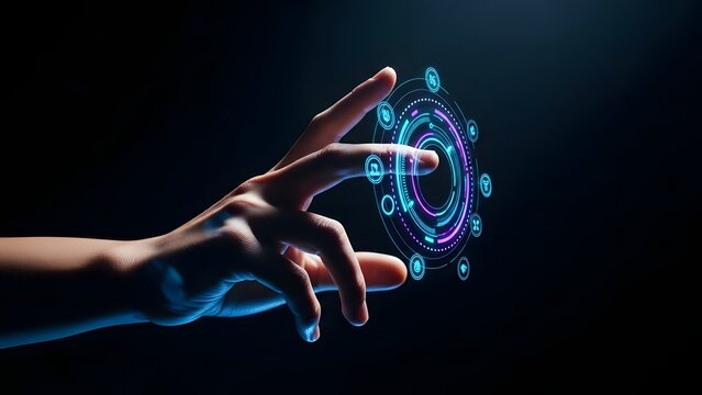 A hand interacting with a futuristic glowing circular data interface - Powered by Adobe
