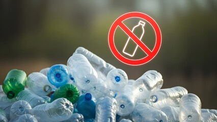 A pile of plastic bottles with a no bottles prohibition sign overlayed