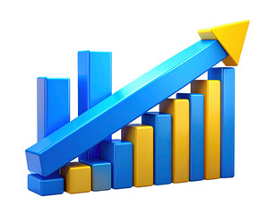 3D blue and yellow icon of an upward arrow on a bar graph, isolated on a transparent