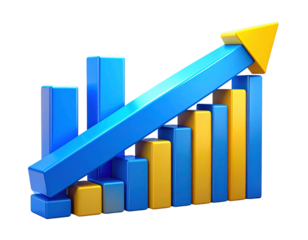 3D blue and yellow icon of an upward arrow on a bar graph, isolated on a transparent