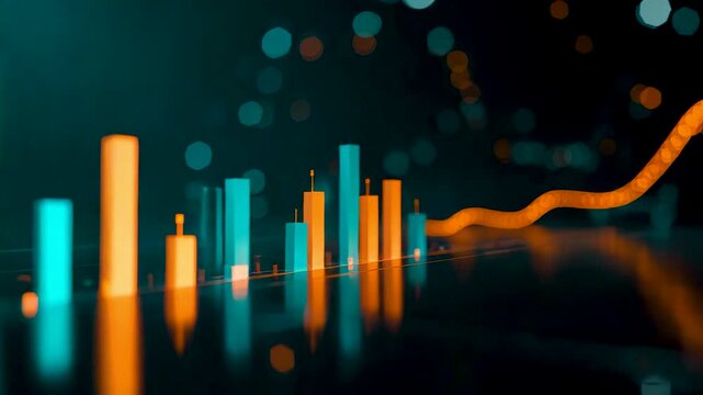 Glowing orange cyan bar chart with rising trend line on dark reflective surface