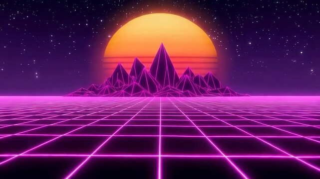 Neon grid landscape with wireframe mountains and sunset background animation for retro future concept