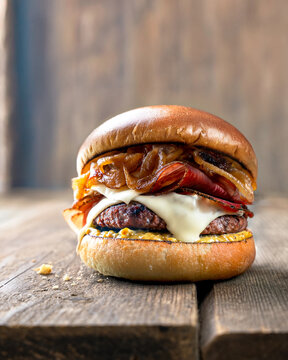 Beef Burger with Melted Cheese, Caramelized Onions and Prosciutto on Rustic Wooden Table