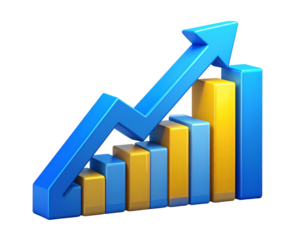 3D blue and yellow icon of an upward arrow on a bar graph, isolated on a transparent