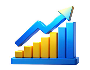3D blue and yellow icon of an upward arrow on a bar graph, isolated on a transparent