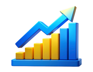 3D blue and yellow icon of an upward arrow on a bar graph, isolated on a transparent