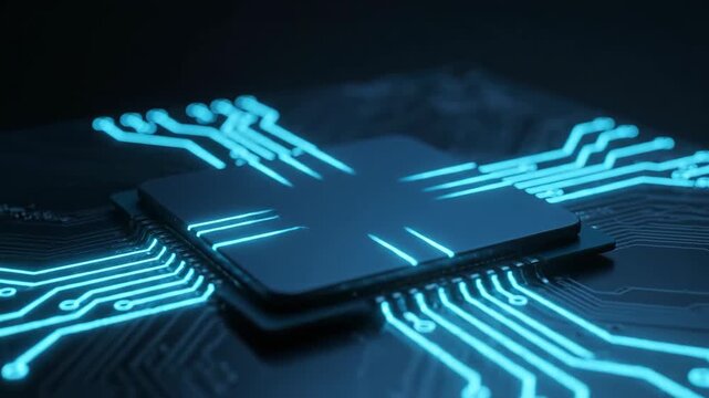 Macro shot of a high-tech CPU processor chip activating and transmitting glowing blue data streams across the circuit board.