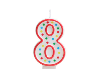 Birthday candle number eight isolated on white background. Number 8.