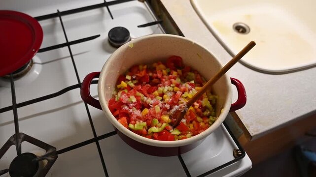 home-cooked lunch - cooking - vegetable lecho in a pot on a gas stove